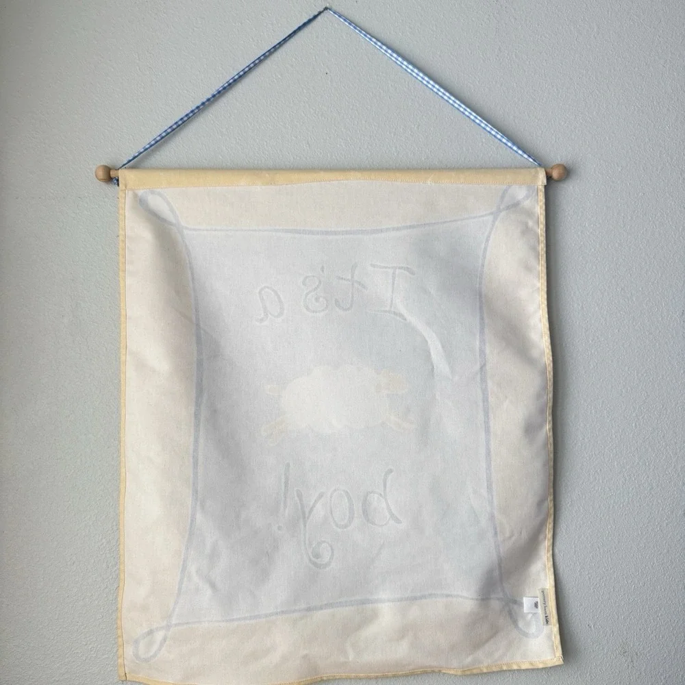 Vtg Y2k Pottery Barn Kids Baby Boy Sheep Canvas Wall Hanging‎ Art Banner Decor